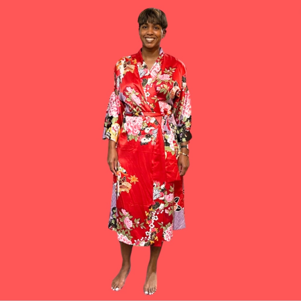 Size XL Beth Michaels Red Floral Print Kimono Beach Cover-Up Robe Jacket Amazing